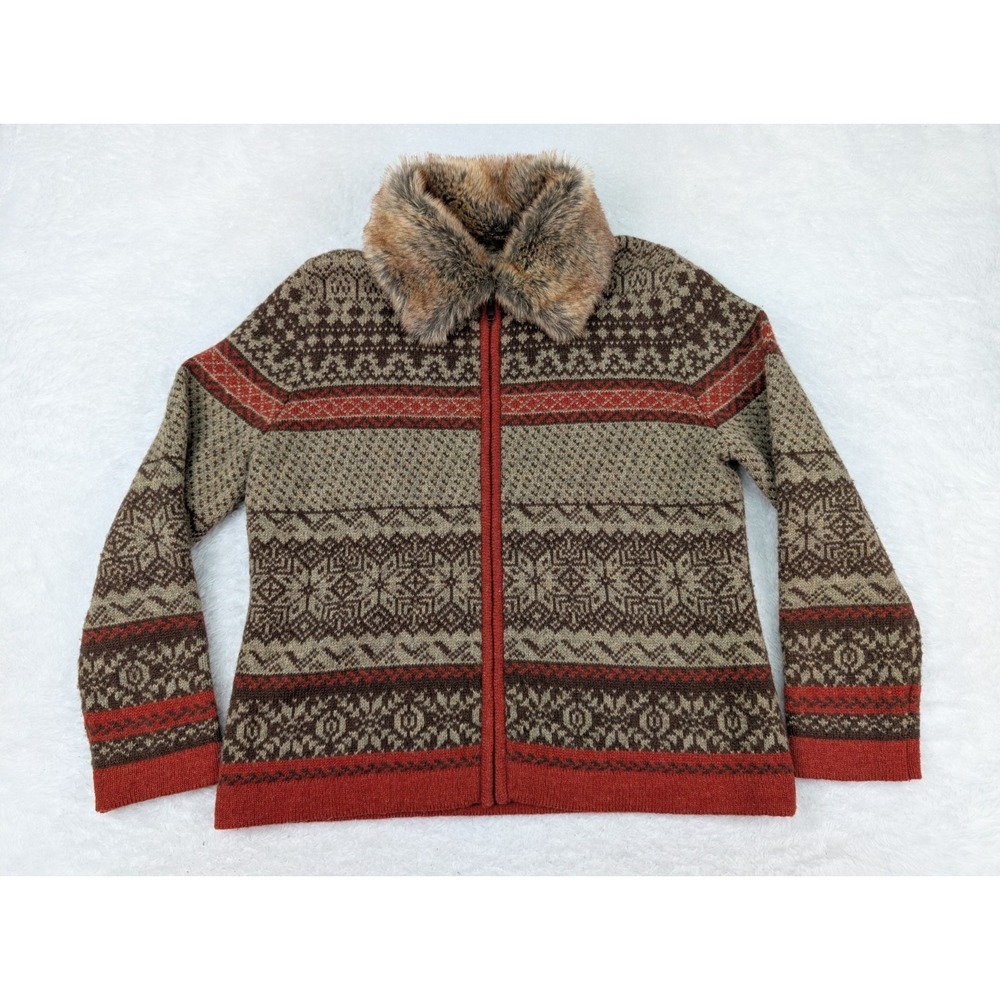 VTG Cambridge Dry Goods 100% Wool Sweater‎ Size L Brown Full Zip Faux Fur Collar